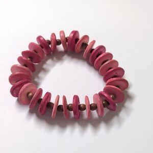 21‎ Pink Wooden Disc and Brown Beaded Stretch Bracelet